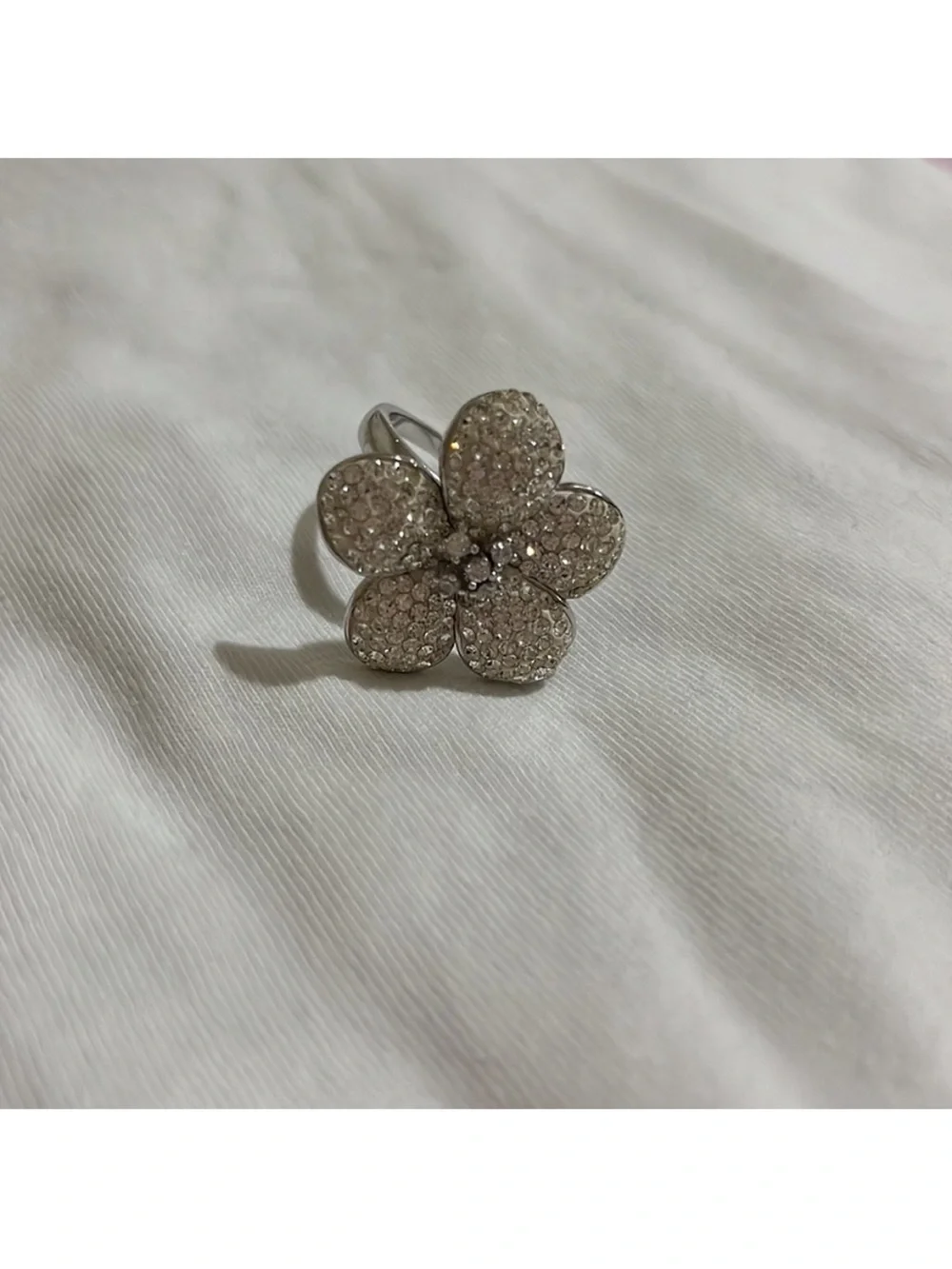 Silver-Tone Crystal Flower Statement Ring - Sparkling Floral Design